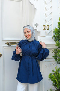 Balon Kol Bel Bağlamalı Gömlek Lacivert