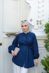 Balon Kol Bel Bağlamalı Gömlek Lacivert