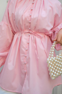 Balon Kol Bel Bağlamalı Gömlek Pembe