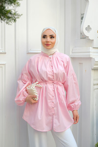 Balon Kol Bel Bağlamalı Gömlek Pembe