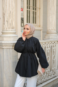 Balon Kol Bel Bağlamalı Gömlek Siyah