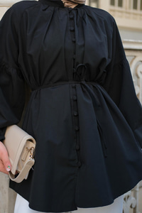 Balon Kol Bel Bağlamalı Gömlek Siyah
