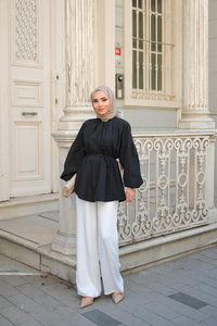 Balon Kol Bel Bağlamalı Gömlek Siyah