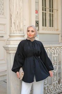 Balon Kol Bel Bağlamalı Gömlek Siyah