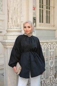 Balon Kol Bel Bağlamalı Gömlek Siyah