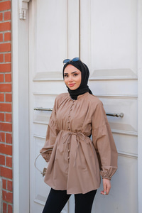 Balon Kol Bel Bağlamalı Gömlek Vizon