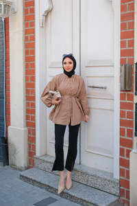 Balon Kol Bel Bağlamalı Gömlek Vizon