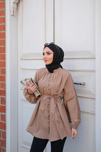 Balon Kol Bel Bağlamalı Gömlek Vizon