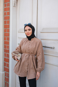 Balon Kol Bel Bağlamalı Gömlek Vizon