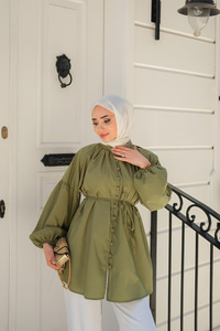 Balon Kol Bel Bağlamalı Gömlek Yeşil