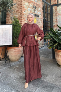 Balon Kol İnci Düğmeli Aksesuarlı Pantolonlu Takım Bordo