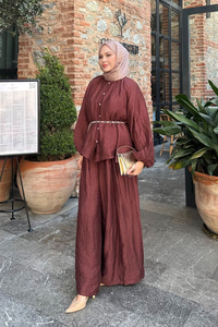 Balon Kol İnci Düğmeli Aksesuarlı Pantolonlu Takım Bordo