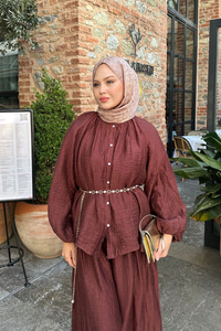 Balon Kol İnci Düğmeli Aksesuarlı Pantolonlu Takım Bordo