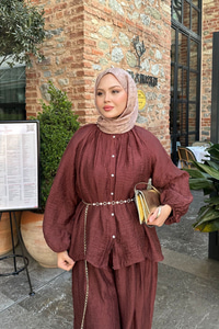 Balon Kol İnci Düğmeli Aksesuarlı Pantolonlu Takım Bordo