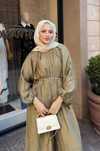 Balon Kol İnci Düğmeli Aksesuarlı Pantolonlu Takım Yağ Yeşil