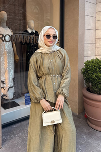 Balon Kol İnci Düğmeli Aksesuarlı Pantolonlu Takım Yağ Yeşil