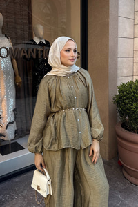 Balon Kol İnci Düğmeli Aksesuarlı Pantolonlu Takım Yağ Yeşil