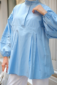 Balon Kol Pile Detaylı Tunik  Bebe Mavi