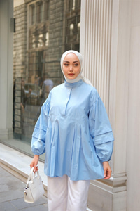 Balon Kol Pile Detaylı Tunik  Bebe Mavi