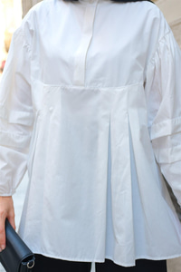 Balon Kol Pile Detaylı Tunik  Beyaz