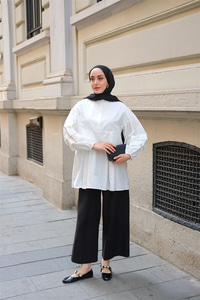 Balon Kol Pile Detaylı Tunik  Beyaz