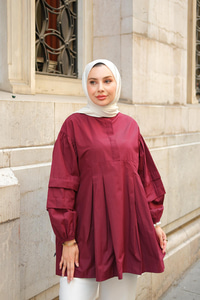 Balon Kol Pile Detaylı Tunik  Bordo