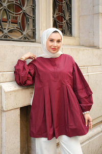 Balon Kol Pile Detaylı Tunik  Bordo