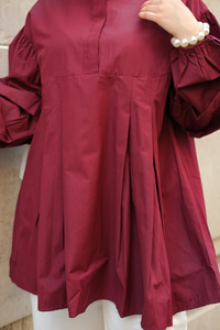 Balon Kol Pile Detaylı Tunik  Bordo