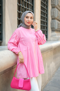 Balon Kol Pile Detaylı Tunik  Pembe