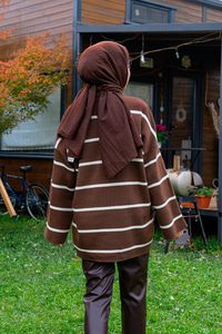 Basic Çizgili Triko Kazak  Acı Kahve