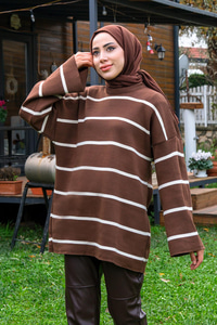 Basic Çizgili Triko Kazak  Acı Kahve
