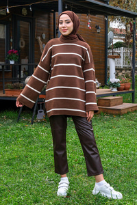 Basic Çizgili Triko Kazak  Acı Kahve