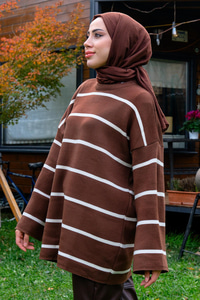 Basic Çizgili Triko Kazak  Acı Kahve