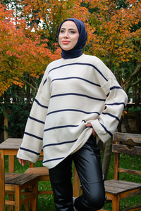 Basic Çizgili Triko Kazak  Lacivert-Beyaz