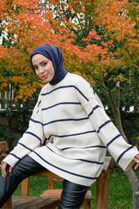 Basic Çizgili Triko Kazak  Lacivert-Beyaz