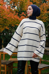 Basic Çizgili Triko Kazak  Lacivert-Beyaz