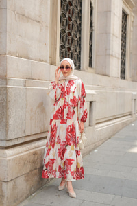 Baskı Desenli Elbise Kırmızı