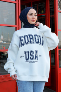 Baskılı Oversize Sweat Beyaz