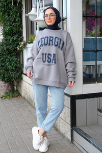 Baskılı Oversize Sweat Gri
