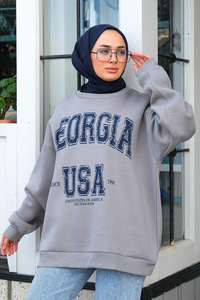 Baskılı Oversize Sweat Gri