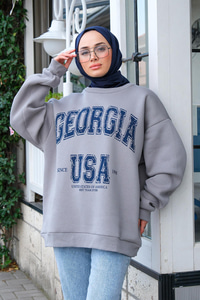 Baskılı Oversize Sweat Gri