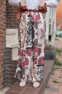 Baskılı Saten Pantolon Bordo