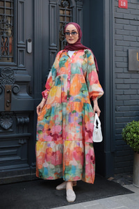 Batik Desenli Elbise Turuncu