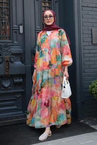 Batik Desenli Elbise Turuncu