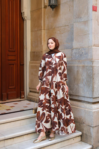 Batik Yaprak Desenli Elbise Kahverengi