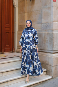 Batik Yaprak Desenli Elbise Lacivert