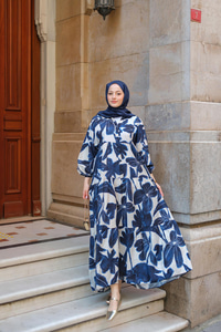 Batik Yaprak Desenli Elbise Lacivert