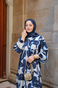 Batik Yaprak Desenli Elbise Lacivert