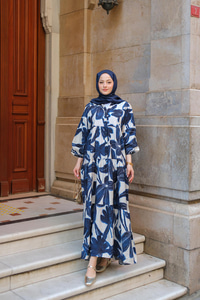 Batik Yaprak Desenli Elbise Lacivert