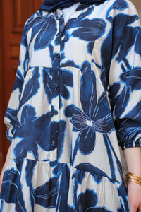Batik Yaprak Desenli Elbise Lacivert